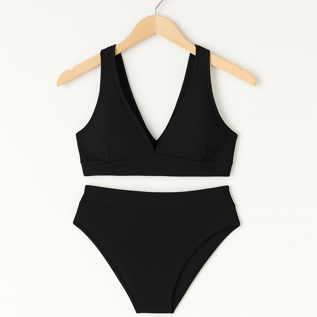 Bademode Damen Bikini Set mit V-Ausschnitt und High Waist Slip