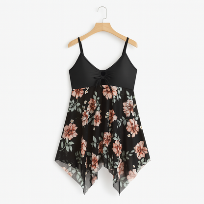 Bademode Kleid Badeanzug mit Blumenmuster und Netz-Optik
