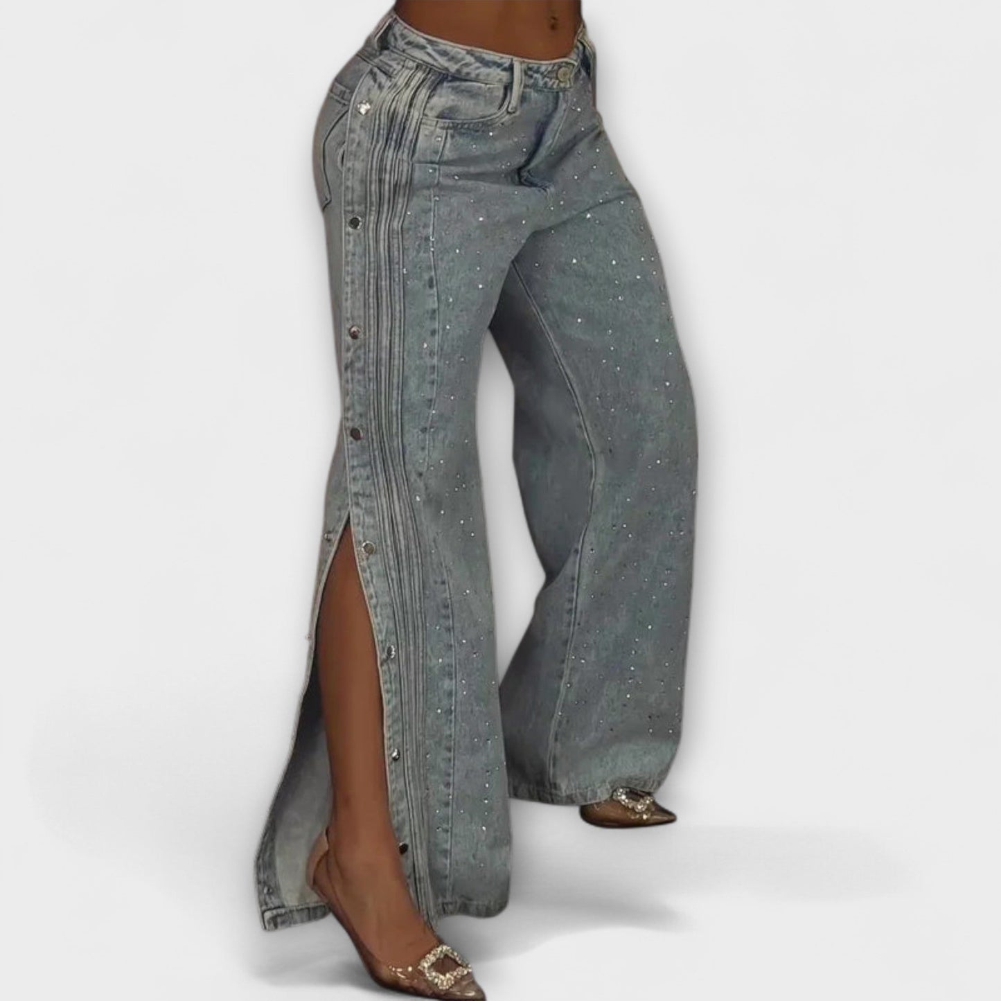 Vera | Aurora - Mit Strass verzierten High-Waisted Jeans mit seitlichen Knöpfen