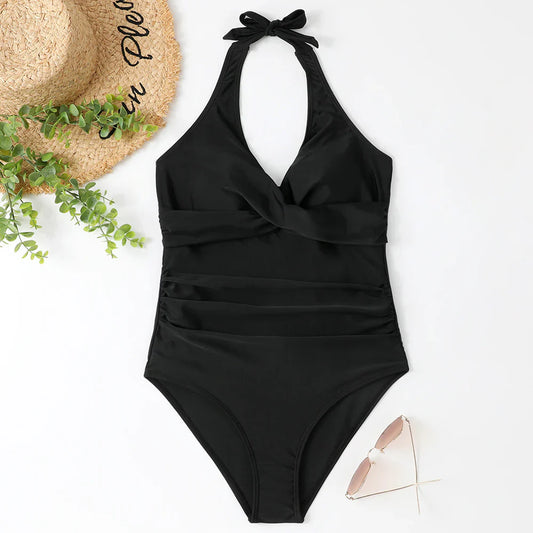 Bademode Damen Badeanzug mit Schleife und V-Ausschnitt Design