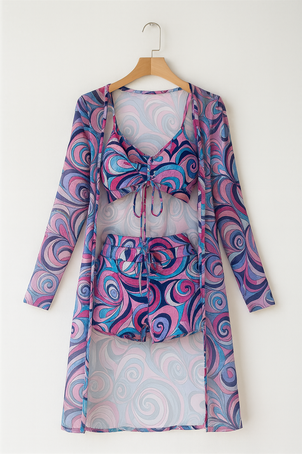 Bademode Set Damen dreiteilig in Lila mit Cover-Up Muster