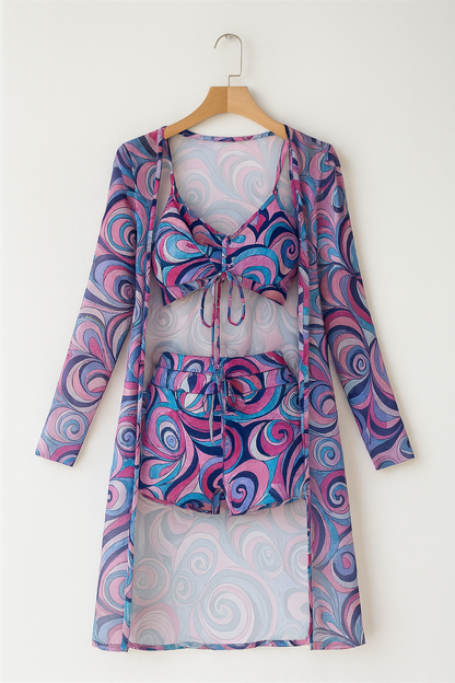 Bademode Set Damen dreiteilig in Lila mit Cover-Up Muster