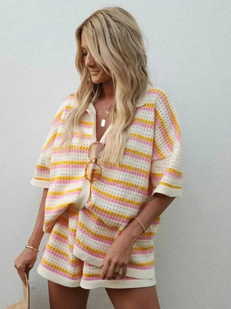 Sets mit farblich abgesetzten Streifen, Kurzarm-Top & High-Waist-Hose