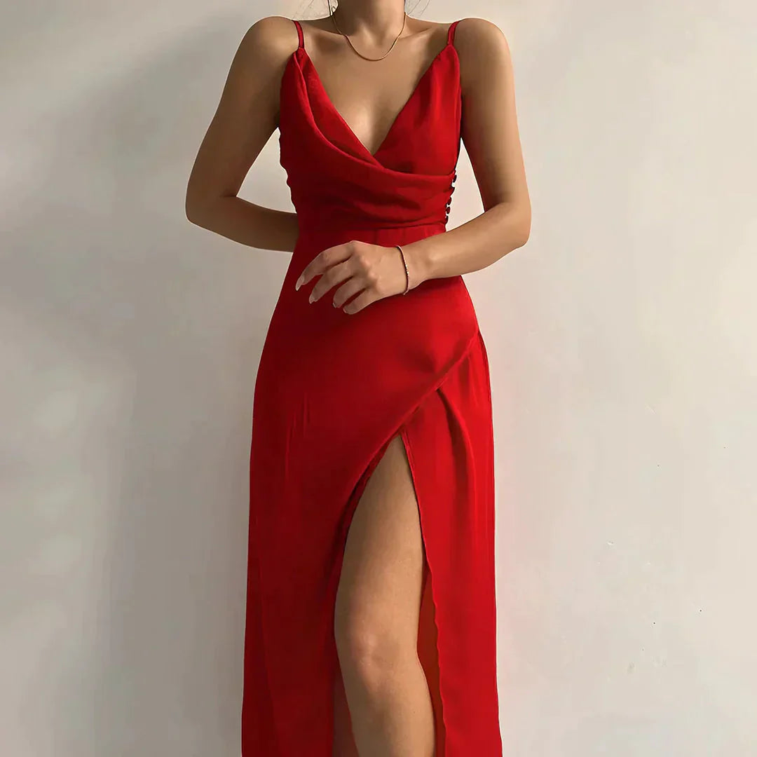 Kleid mit V-Ausschnitt und Schlitz in eleganten Unifarben für Hochzeit