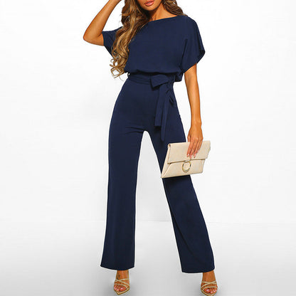 Jumpsuit Damen Elegant Kurzarm Bindegürtel Einfarbig Lang