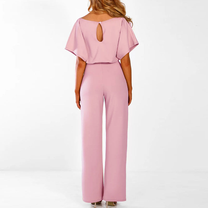 Jumpsuit Damen Elegant Kurzarm Bindegürtel Einfarbig Lang