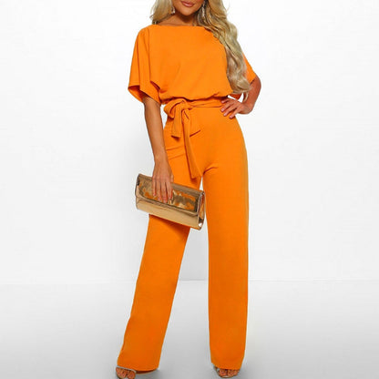 Jumpsuit Damen Elegant Kurzarm Bindegürtel Einfarbig Lang