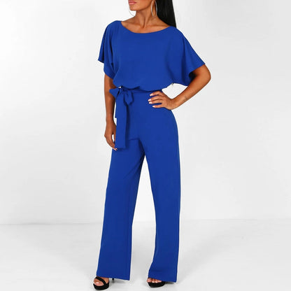 Jumpsuit Damen Elegant Kurzarm Bindegürtel Einfarbig Lang