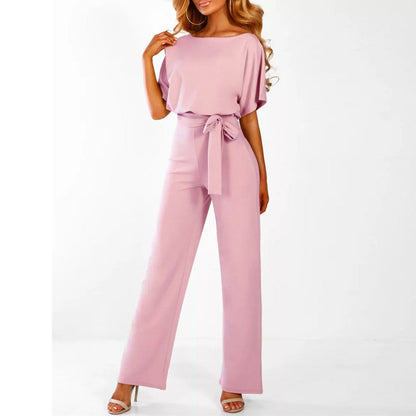 Jumpsuit Damen Elegant Kurzarm Bindegürtel Einfarbig Lang
