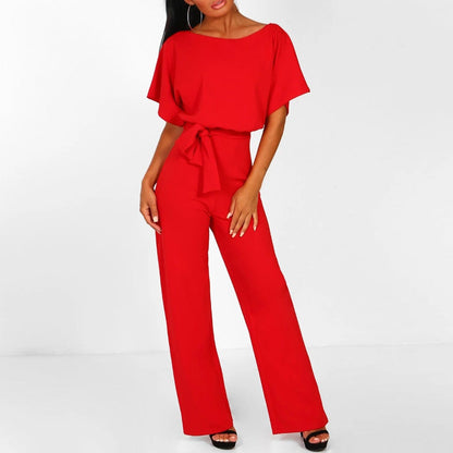Jumpsuit Damen Elegant Kurzarm Bindegürtel Einfarbig Lang