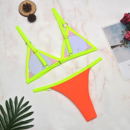 Bademode Damen Bikini Set mit Mesh Einsatz und Triangel Top