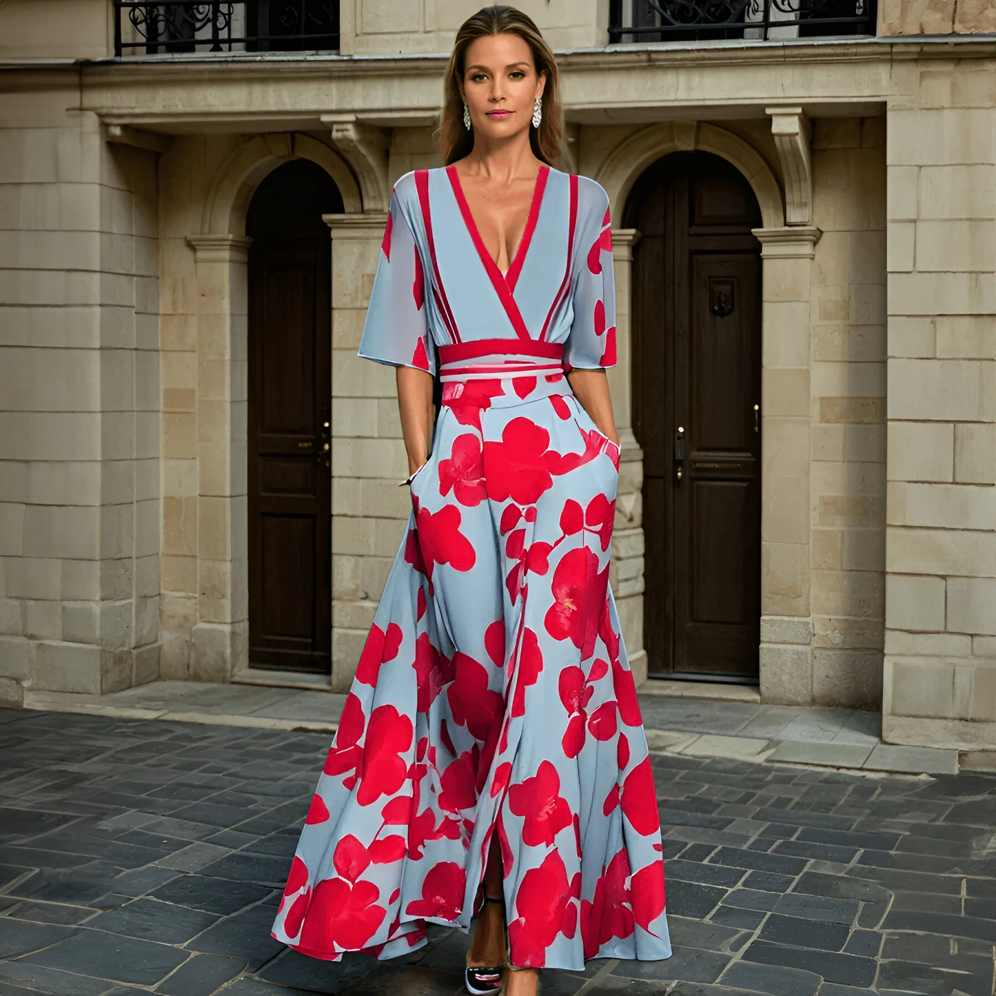 Kleid mit elegantem V-Ausschnitt und Maxi-Länge für Damen